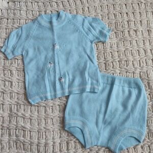Vintage Baby Outfit Al Dino Knits Top Shirt Diaper Cover Shorts Blue Puppy Dog